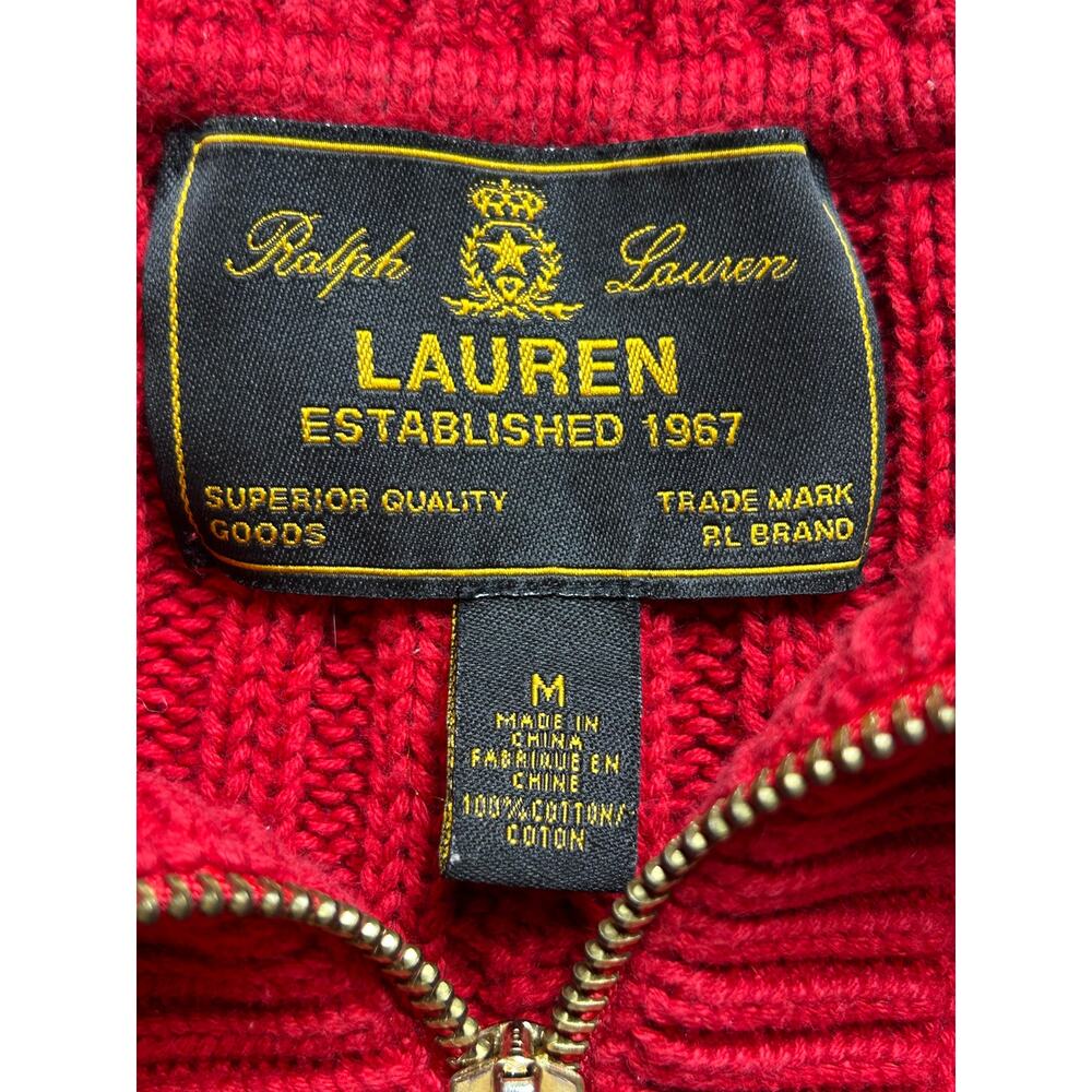 Lauren Ralph Lauren women's red cotton cable knit 1/2 gold zip vintage sweater M - Picture 7 of 9